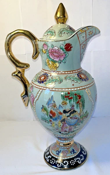 Tall Porcelain Carafe Chocolate Pot Pitcher & Lid Enamel Gold Accents Victorian