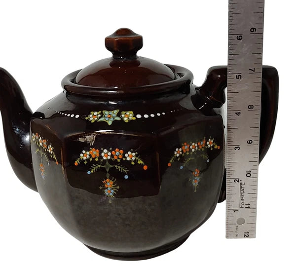 Vintage Brown Betty Redware Teapot Moriage Enamel Hand Painted Made In Japan SEE