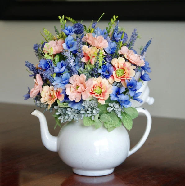 Vintage White Enamel Teapot With Peach Daisies With Blue Delphinium, Wildflowers