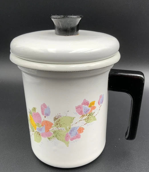 Mid Century Modern Enamelware Floral 3 PC  Tea / Coffee Pot