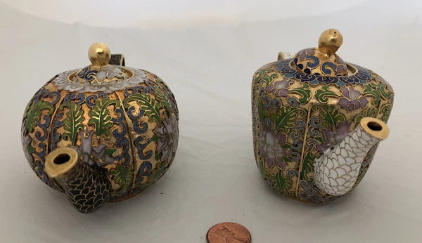 Vintage Cloisonne Enamel and Bronze 2 Teapot Set