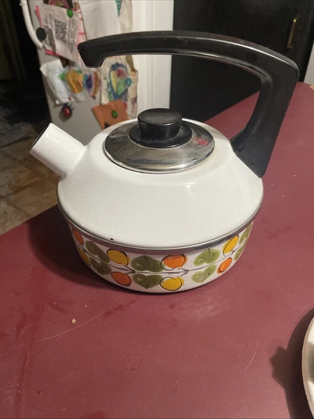 Vintage Enamel Tea Pot Kettle Whistles Lemon Orange Leaves Austria Email MCM