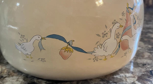 Vtg 80s International Marmalade Enamel Whistling Tea Kettle Country Goose