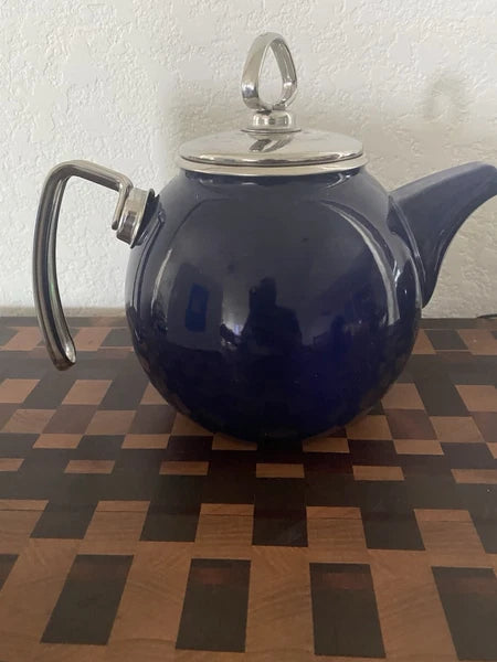 Vintage Chantal Dark Blue Tea Kettle Enamel On Steel With Stainless Accents 2QT