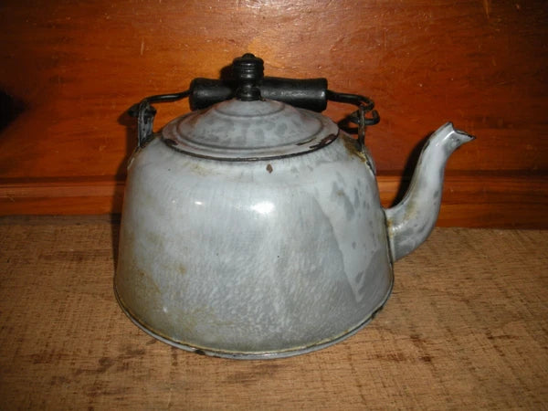 Vintage Gray Graniteware Enamelware TEA POT