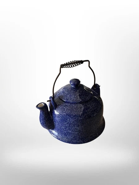 Vintage  Blue Spatterware Teapot Enamel Ceramic Metal Handle 5 1/2”x 6 1/4 Dia.