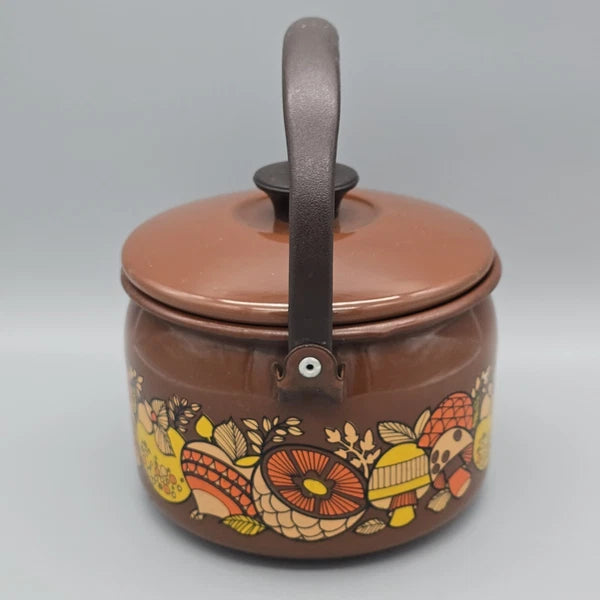 Vintage 70's Mushroom & Fruit Enamelware Brown Tea Kettle With Lid & Handle
