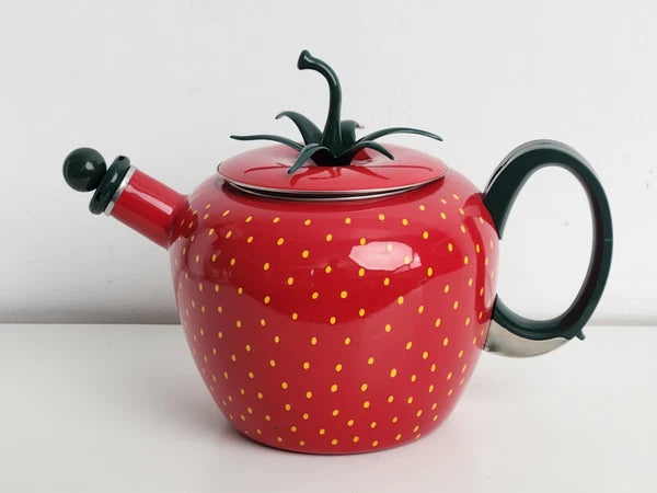 Copco Strawberry Tea Kettle Enamel Whistling Complete 2.5Qt Vtg 90s Cottage Core