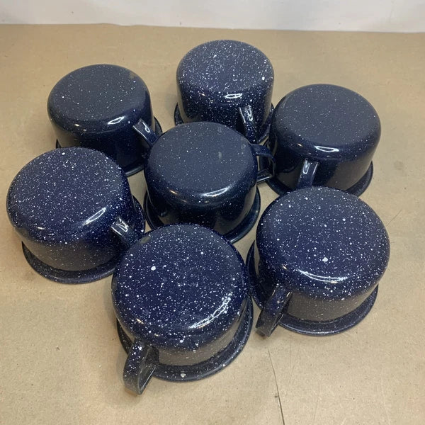Vintage Enamelware Coffee Tea Pot Kettle & 7 Cups Blue & White Speckled