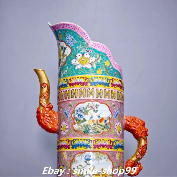 20.4" Yongzheng Enamel Colour Porcelain Gilt Flower Bird Wine Tea Pot Flagon