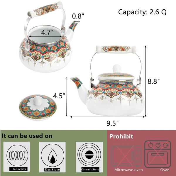 Ceramic Enamel Tea Kettle 2.6 Quart Large Floral Colorful Teapot With Handle For