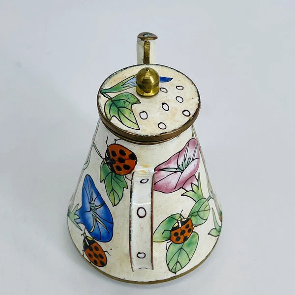 VINTAGE MINI HAND-PAINTED FLORAL LADYBUG METAL ENAMEL/BRASS TEAPOT/WATER CAN