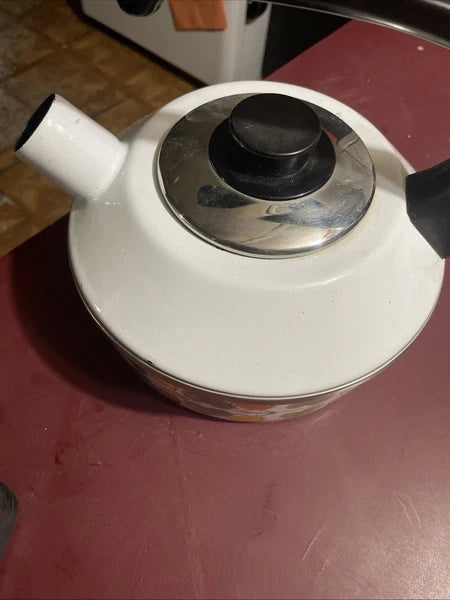 Vintage Enamel Tea Pot Kettle Whistles Lemon Orange Leaves Austria Email MCM