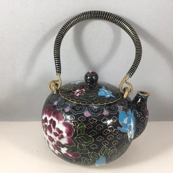 Vintage Chinese Cloisonne Teapot Black Tea Pot Bronze Brass Copper Floral Enamel