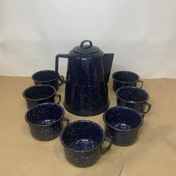 Vintage Enamelware Coffee Tea Pot Kettle & 7 Cups Blue & White Speckled