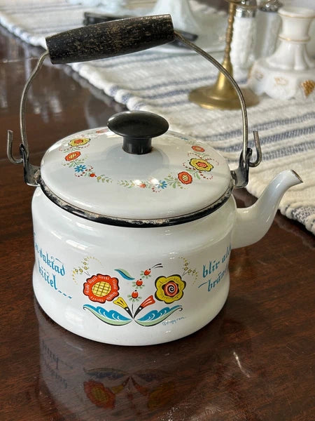 Vintage Berggren Enamelware Teapot Tea Kettle Pennsylvania Dutch Folk Art Decor