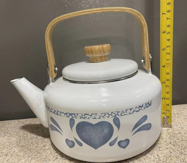 Vintage 80s Blue Hearts Enamel Kettle by Jay Made in Thailand Wood Handle EUC