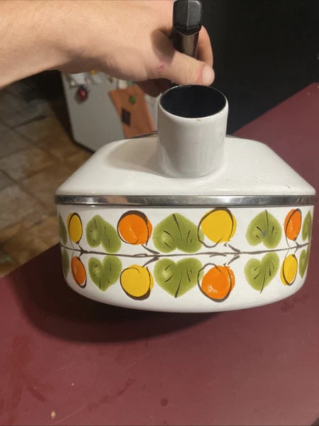 Vintage Enamel Tea Pot Kettle Whistles Lemon Orange Leaves Austria Email MCM