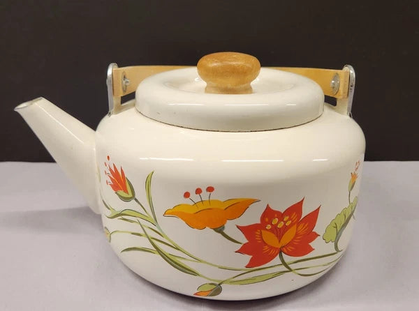 Vintage Saltera Himark Enamel RARE Teapot MCM  Red Orange Floral Wooden Handle