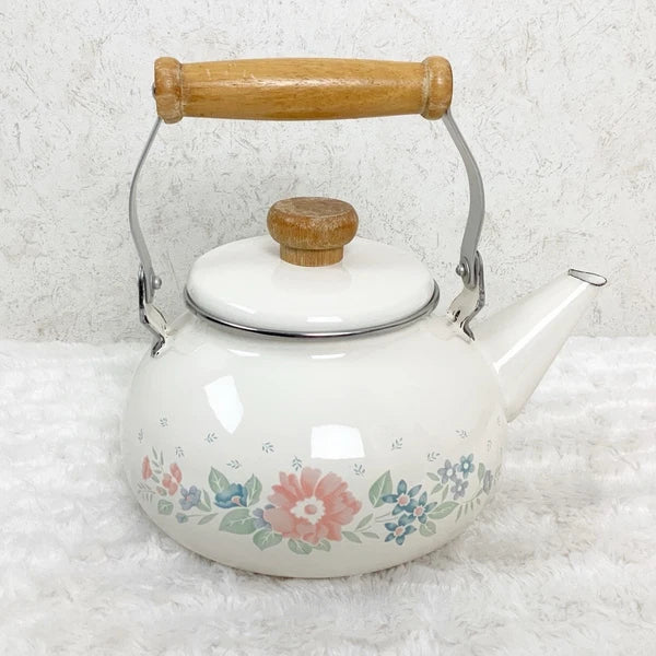 Vintage Lincoware Corelle Symphony Floral Enamel Metal Teapot Kettle Farmhouse