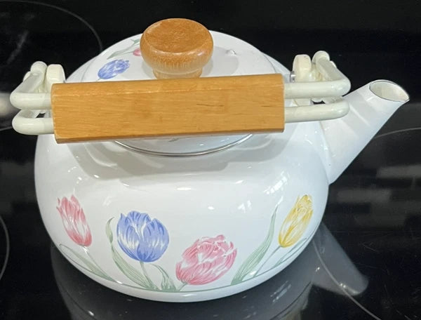 VTG 80s Tea Kettle Floral Porcelain Enamel on Steel Tableworks Unlimited Pastel