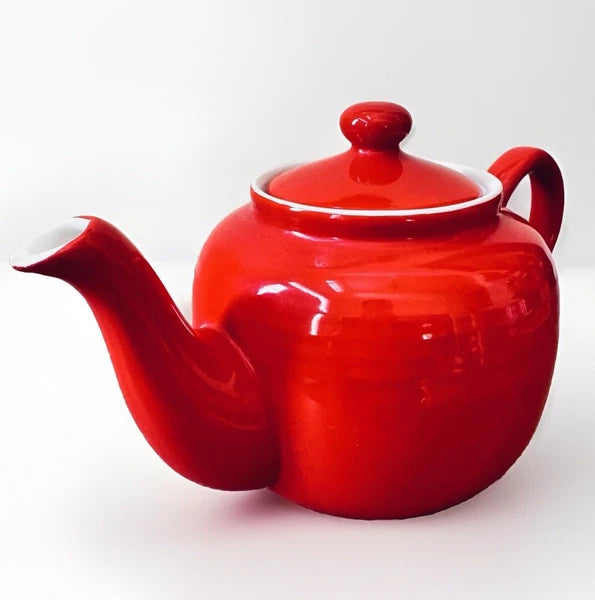 Vintage Mid Century Modern Red Glazed Pottery 3-Cup Tea Pot Enameled Interior 9”