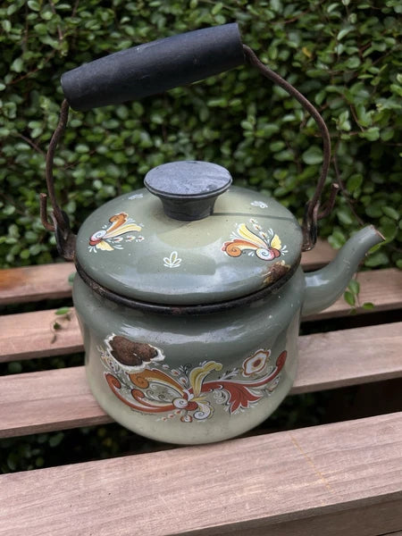 VTG Berggren Enamelware Kettle Teapot Scandinavian Rosemaling Folk Art Green