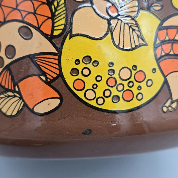 Vintage 70's Mushroom & Fruit Enamelware Brown Tea Kettle With Lid & Handle