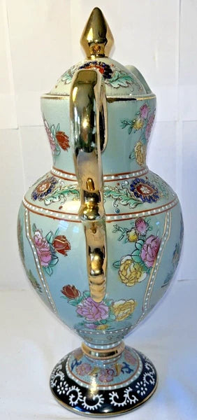 Tall Porcelain Carafe Chocolate Pot Pitcher & Lid Enamel Gold Accents Victorian