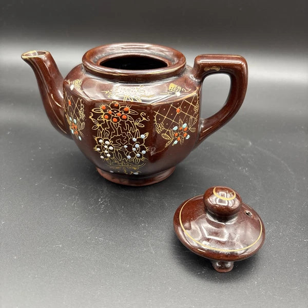 Vintage Redware Teapot Moriage Enamel Hand Painted Japan Brown