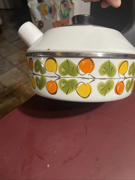 Vintage Enamel Tea Pot Kettle Whistles Lemon Orange Leaves Austria Email MCM