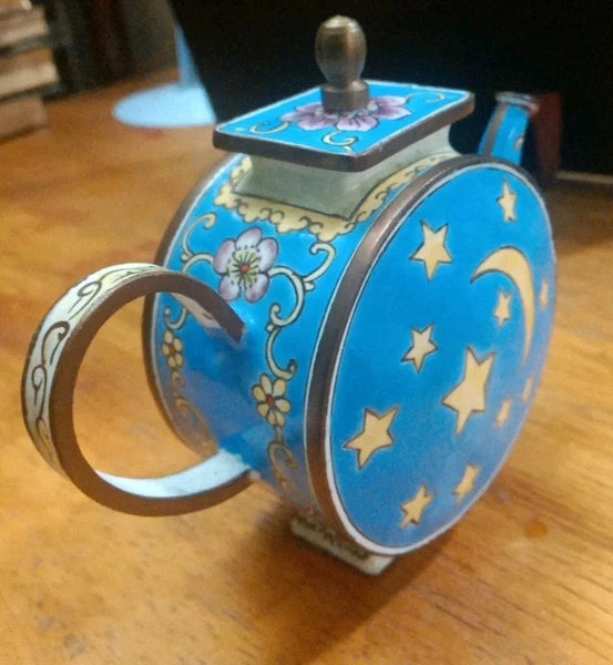 miniature cloisonne Copper Enamel teapot  Moon and Stars 3 1/2" H