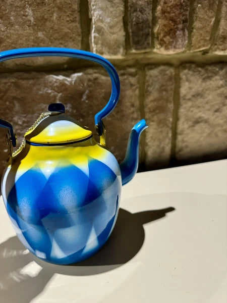 Vintage Antique Enamelware Enamel Yugoslavian Blue Yellow Geometric Teapot
