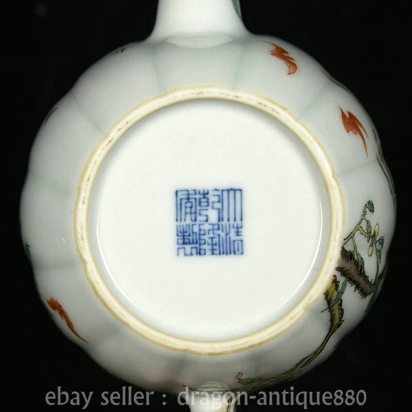 6.2" Old China Qianlong Marked Colour Enamel Porcelain Fushou Bat Peach Teapot