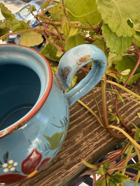 French Vintage Enamelware Tea Pot/Raised Enamelware Floral Painting/Miniature