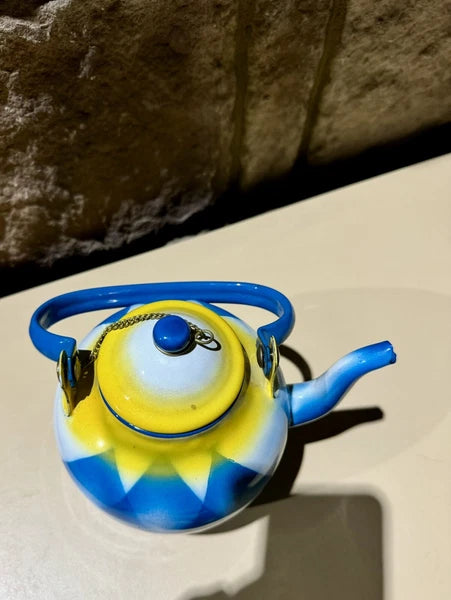 Vintage Antique Enamelware Enamel Yugoslavian Blue Yellow Geometric Teapot