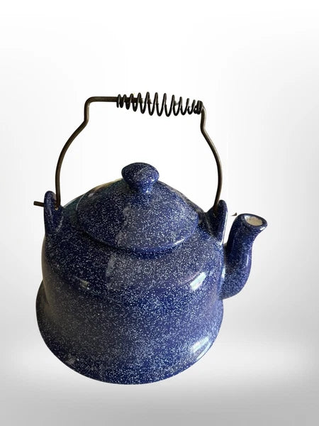 Vintage  Blue Spatterware Teapot Enamel Ceramic Metal Handle 5 1/2”x 6 1/4 Dia.