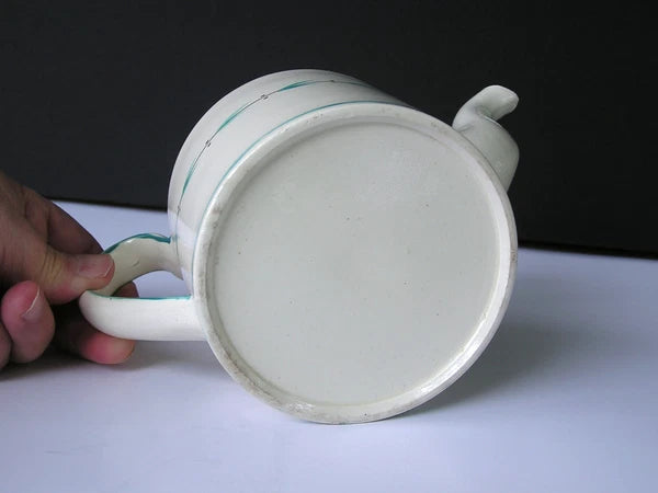 Rare Antique Staffordshire Creamware Teapot with Teal & Brown Enamel Decoration