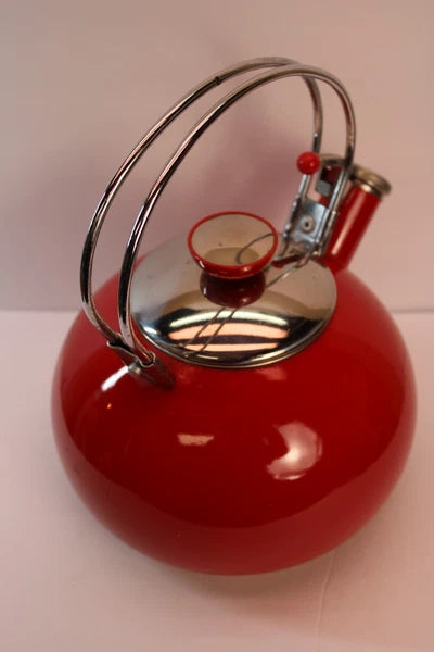 Vtg Copco Red Whistling Teapot Wire Handles 2.5 Qt.