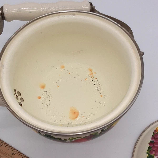 Vintage Water Kettle Tea Pot Enamel Fruit Cottagecore Chic Country Farm House