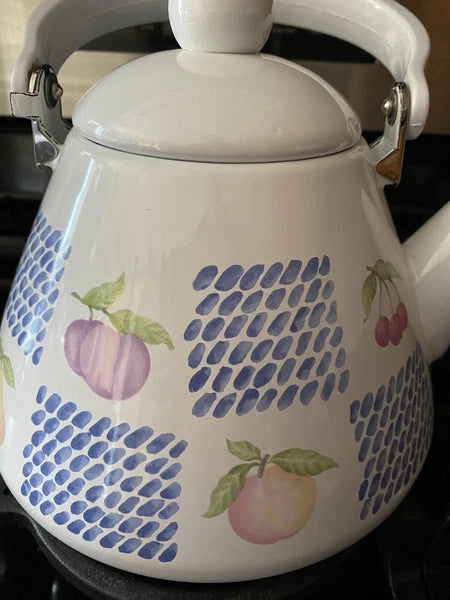 Teapot White Enamel Fruit Pear Cherries Plum Peach Blue 2 Qt Tea Pot