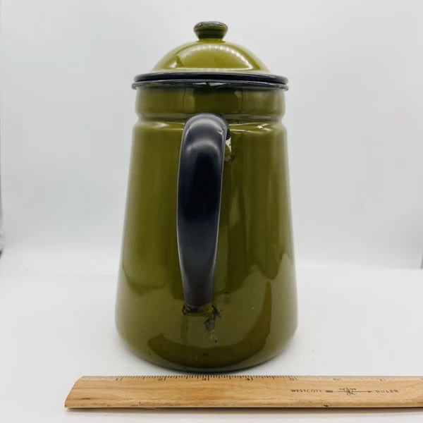OTTO Japan Enamel Black Trim Tea Kettle Coffee Pot Decanter Green w/Lid & 2 Mugs