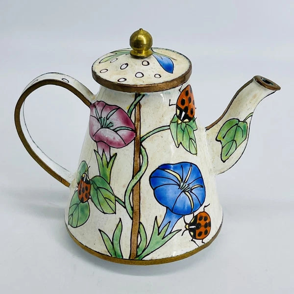 VINTAGE MINI HAND-PAINTED FLORAL LADYBUG METAL ENAMEL/BRASS TEAPOT/WATER CAN