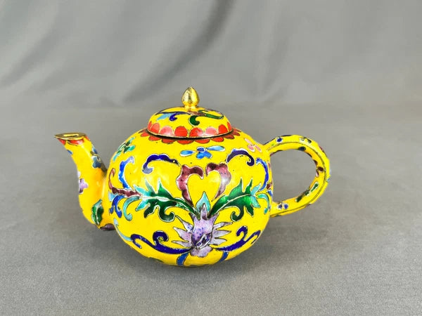 Miniature Chinese Yellow Cloisonné Enamel on Brass Floral 3" Teapot w/ Lid