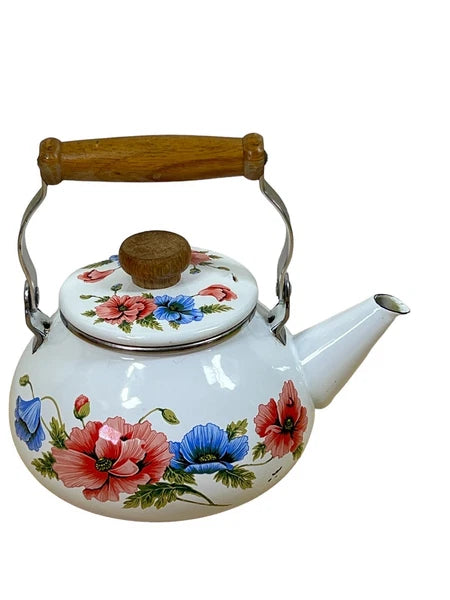 vtg 1983 Enamel Dogwood Tea Pot Kettle Gailstyn-Sutton Cottagecore