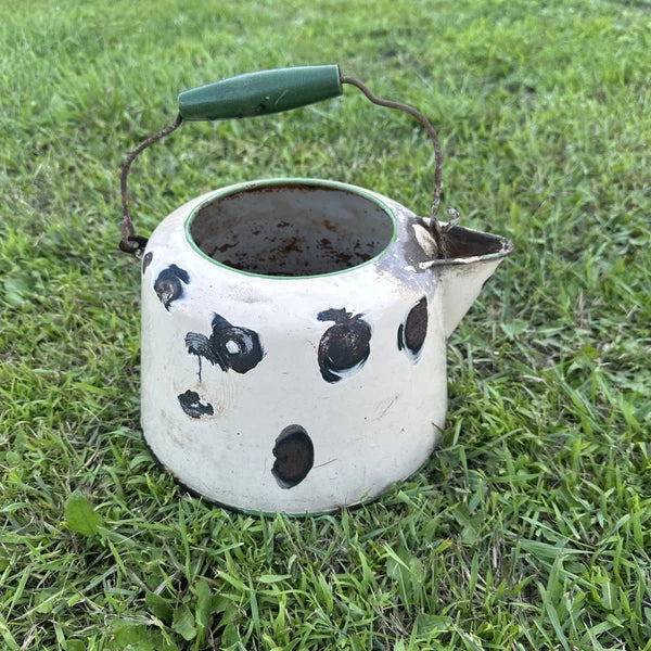 Vintage Enamelware Tea Pot with Wood Knob Handle cream and green.
