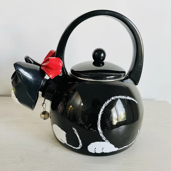 Vintage 1995 Ancona Kitty Cat Bow Tea Kettle Teapot Black And White