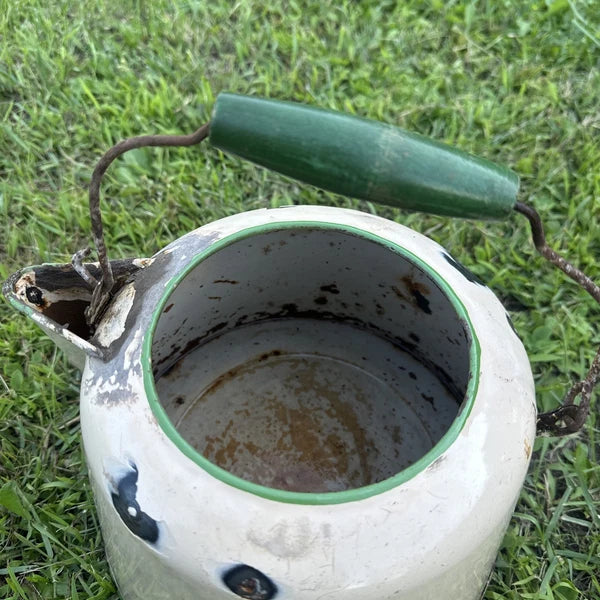 Vintage Enamelware Tea Pot with Wood Knob Handle cream and green.