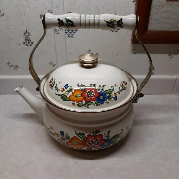 Vintage Enameled Floral Motif Tea Kettle Brass Knob Ceramic Handle Teapot