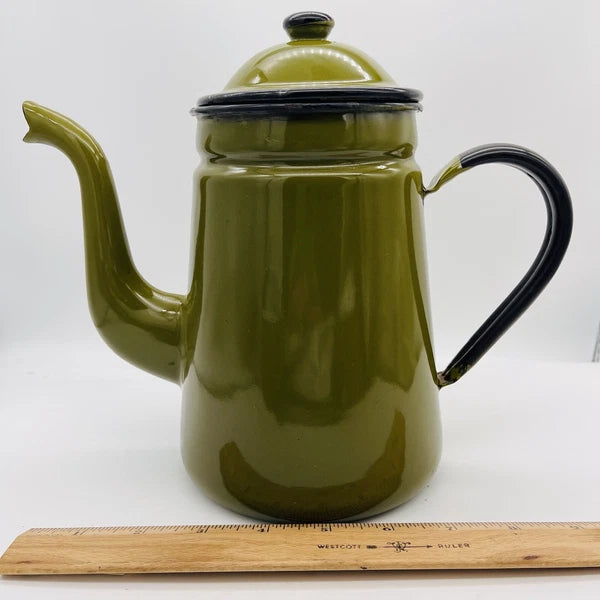 OTTO Japan Enamel Black Trim Tea Kettle Coffee Pot Decanter Green w/Lid & 2 Mugs